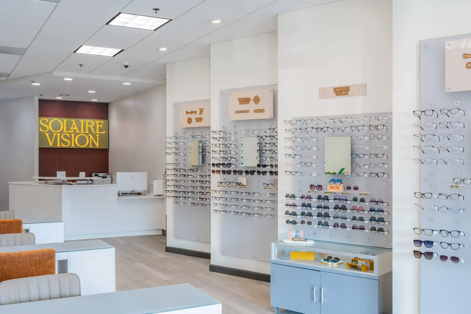 Eyeglass frame wall at Solaire Vision in Herndon, Virginia