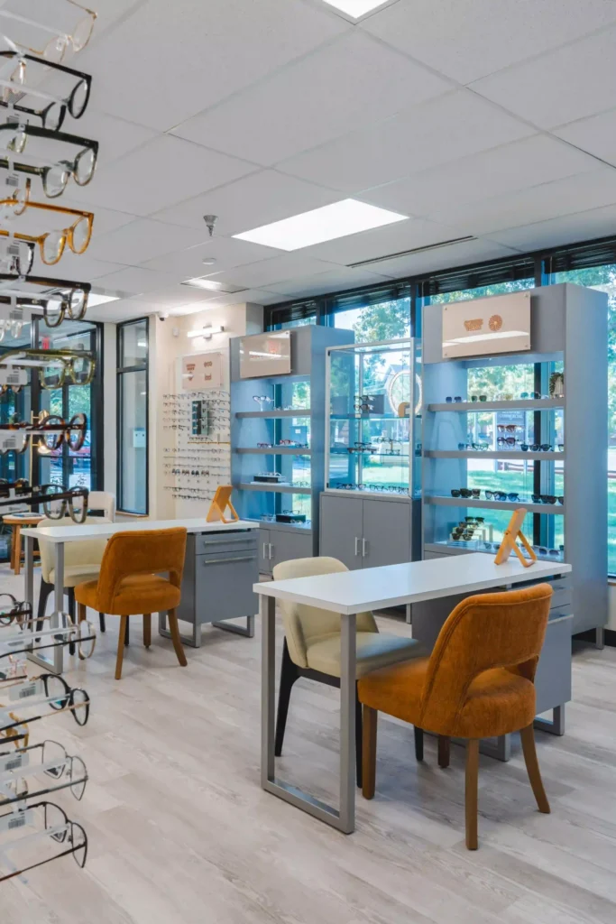 Eyewear frame displays along the windows at the Solaire Vision optical in Oakton, VA